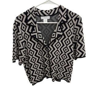 House of Harlow 1960 Womens Geometric Knit Button Front Short Sleeve Top Medium
